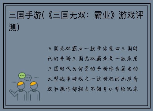 三国手游(《三国无双：霸业》游戏评测)